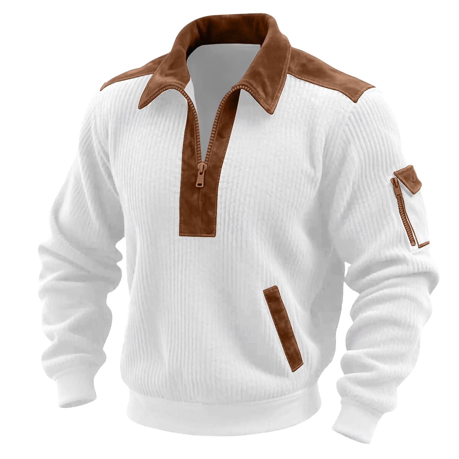 

Men s Solid Color Corduroy Zipper Neck Long Sleeve Top Men s Casual Lapel Top XXL белый