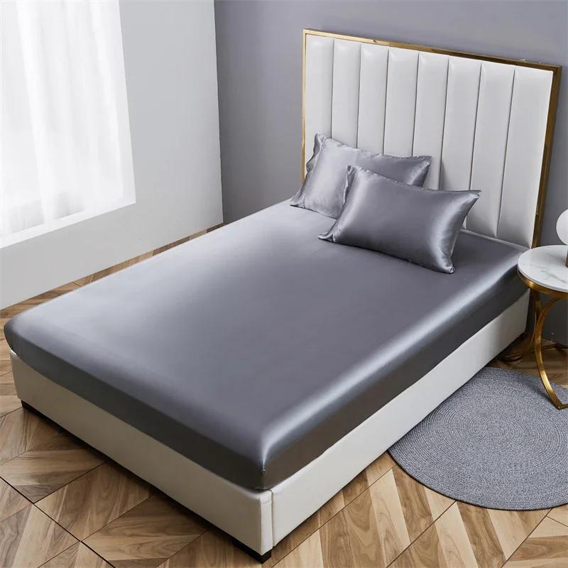 High-end Satin Queen Fitted Sheet Silky King Size Bed Sheet with Elastic Band Bedsheet Mattress Protector Cover No Pillowcase