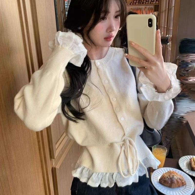 Ruffled Patchwork Women's Cardigan Solid Color Round Neck Waist Drawstring Long Sleeved Knitwear Korean Version New Style Sweet Lady Top