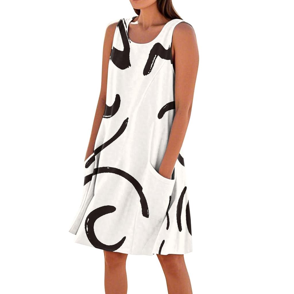 Letní šaty pro ženy Volné Plážové Dovolená Ležérní Sluneční šaty bez rukávů S kapsami Tankové šaty