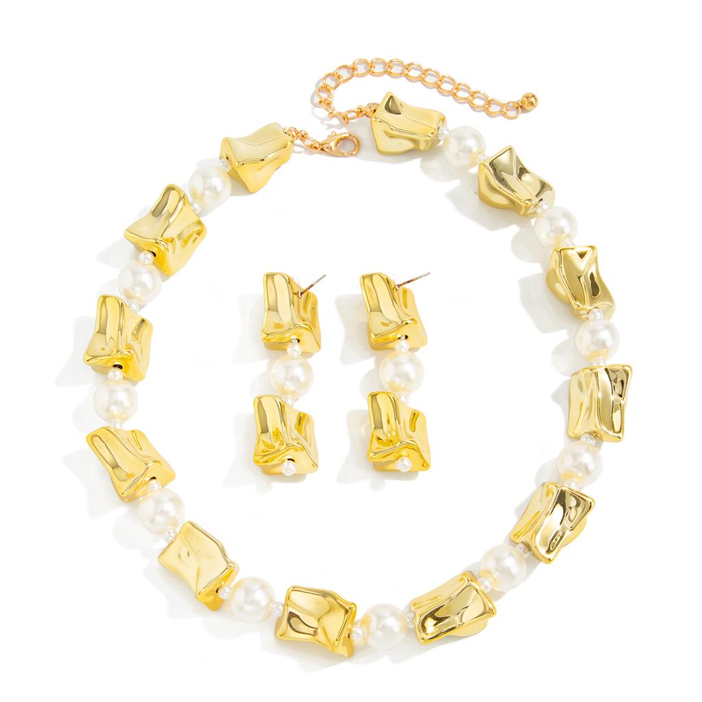Salircon Boho Irregular Splicing Geometric Necklace Earrings Women Jewelry Set Retro Imitation Pearl Bead Necklace Banquet Gift