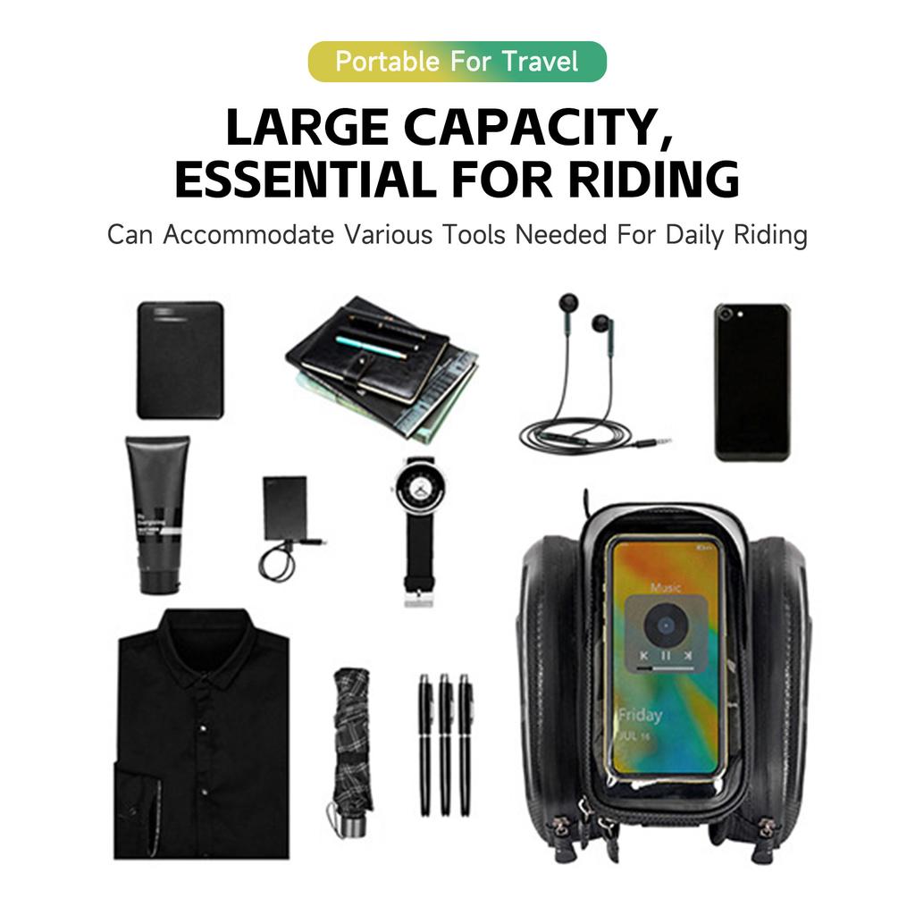 Bike Top Tube Bag Hard Exterior with Bike Phone Holder Bag Touchscreen Compatible Hdphone   Large Capacity Rainproof Riding Accessories