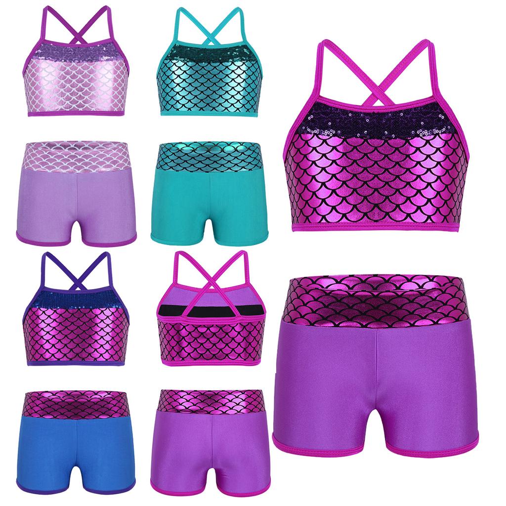 Kids Girls Sequins Mermaid Tank Top with Shorts Dance Outfit Gymnastics Dancing Costume Swimwear
