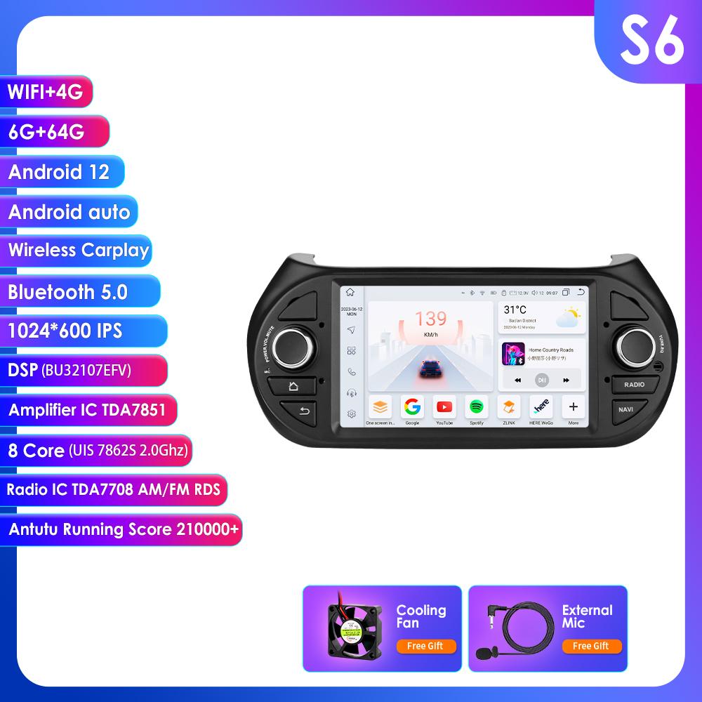 OSSURET Intelligent Carplay 4G RDS 7'' 7862 AI 2din Android 13 Car Radio for Fiat Fiorino /Citroen Nemo / Peugeot Bipper GPS Multimedia Video Player