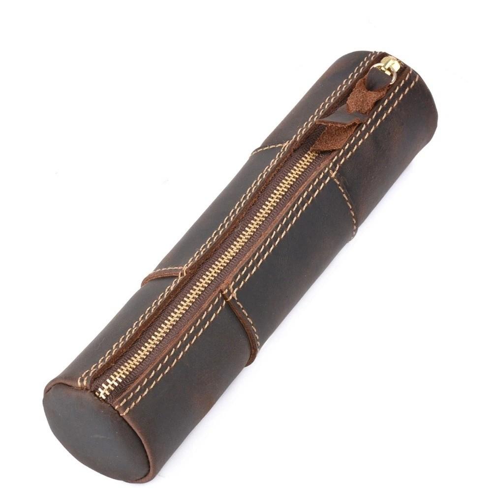 Genuine Cowhide Leather Pen Bag Retro Zipper Pencil Holder Leather Pencil Case Pen Storage кофейный