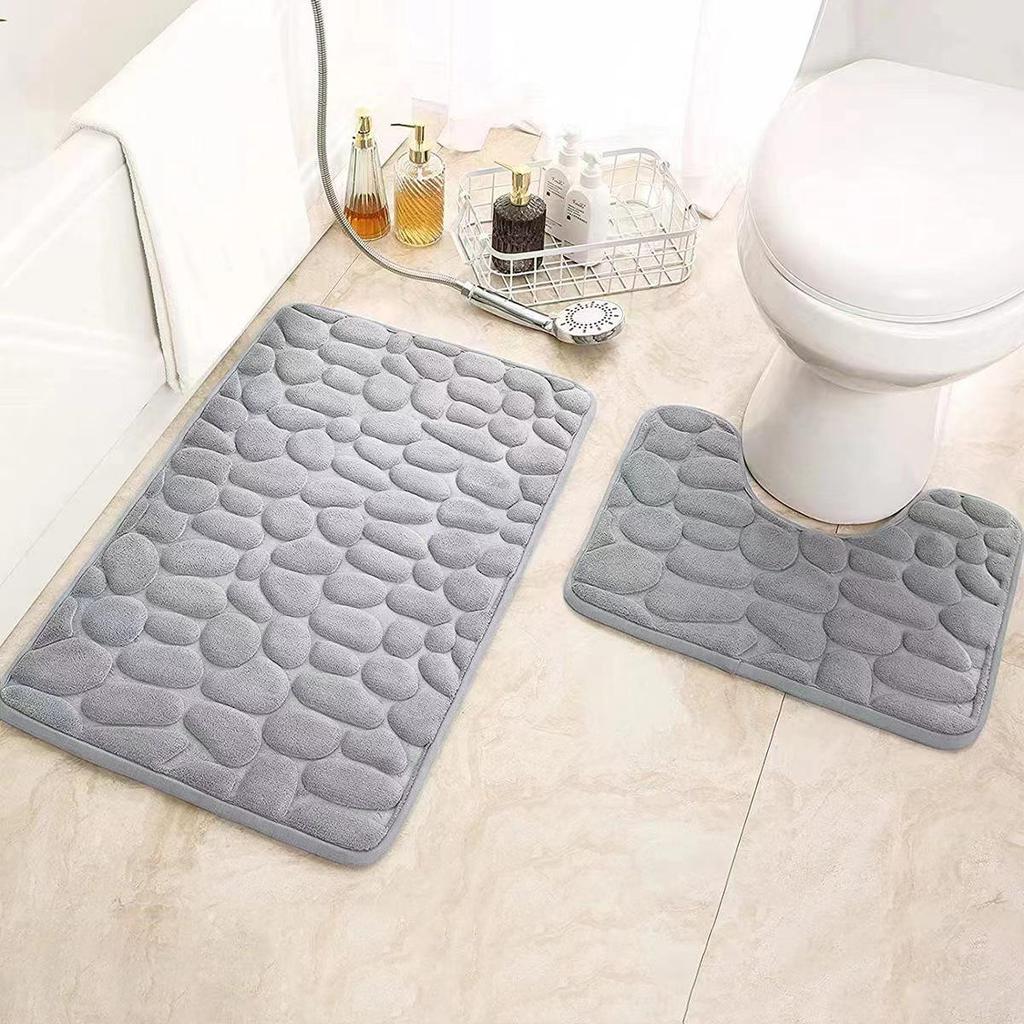 Embossed Coral Fleece Bathroom Floor Mat & U-Shaped Toilet Mat Set - Water Absorbent Design