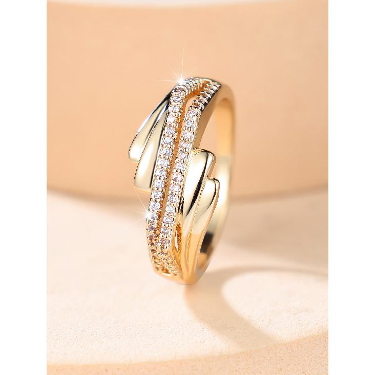 Light Luxury Double-layer Cross-row Diamond Ring Korean-style Minimalist Open Ring with Delicate Cubic Zirconia Accents