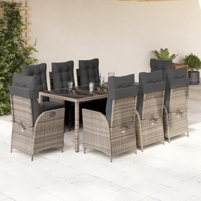 VidaXL 9-Piece Garden Dining Set with Cushions, Table and Chairs with Adjustable Backrest, Outdoor Furniture, 3213083