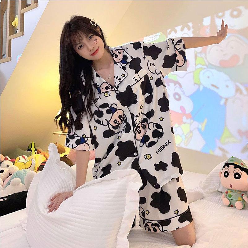 Pajamas Women's Summer Cow Crayon Small New Short-sleeved Shorts Cartoon Cute High-value Casual Style Loungewear Set