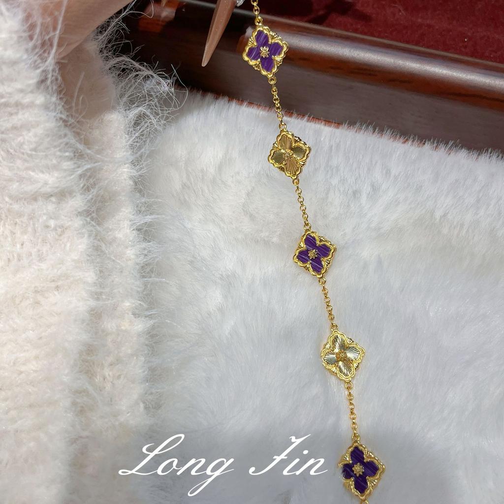 French Retro High-End Purple Dragon Crystal Turquoise Bracelet, Necklace, Earrings, Court Style Four-Leaf Clover Set, Live Broadcast Special