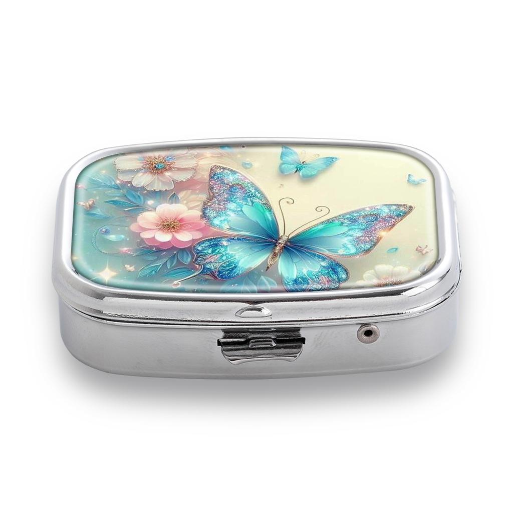 Portapillole Portatile con 2 Scomparti, Mini Custodia Organizer in Metallo per Medicine, Carino Contenitore Stampato per Pillole, Vitamine, Gioielli, Viaggio, Uso Quotidiano