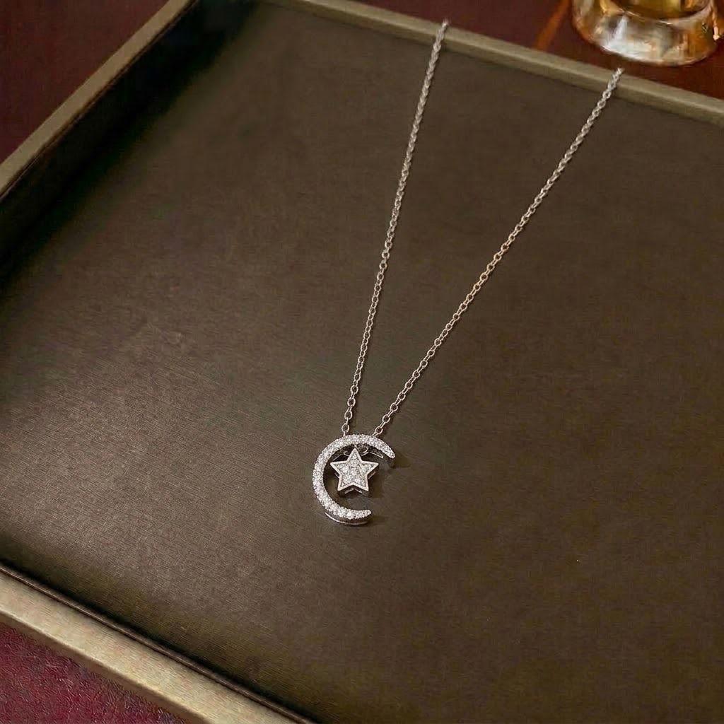 Women's Sweet Style Rainbow Diamond Pendant Necklace with Star & Moon Clavicle Chain