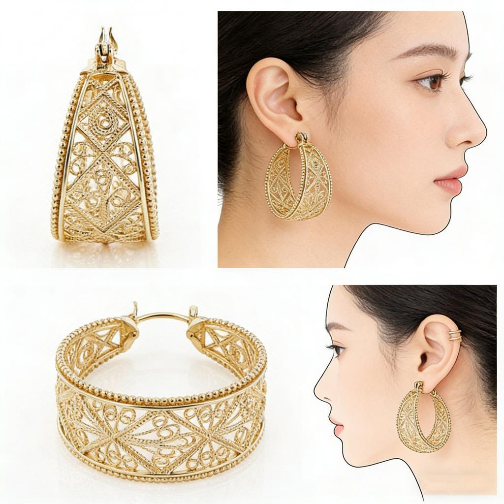Women's Classic Able Golden Plated Hand Carve Texture Hollow Hoop Earrings Exquisite Banquet Festival Jewelry Accessories