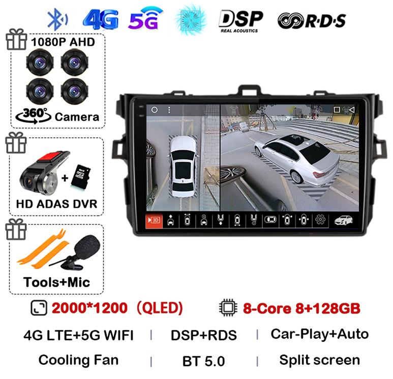 Android 14 Carplay Auto Car Radio For Toyota Corolla E140/150 2007 2008 2009 2010 2011 2012 2013 Multimedia Player Stereo GPS 4G