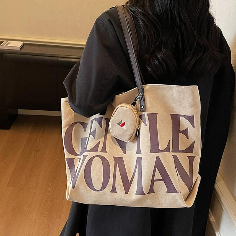 Women Stylish Canvas Shoulder Bag Large Capacity Letter Print Tote Handbag for College Students Travel Texture Commuting Bag