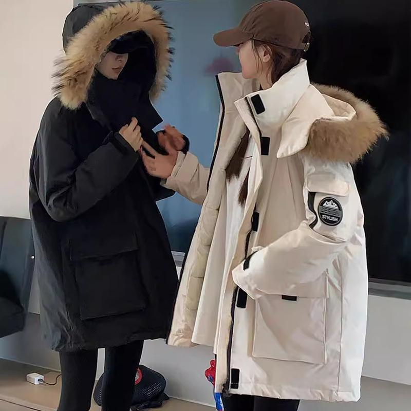 Roupa de Trabalho Outono e Inverno com Gola de Pele, Jaqueta Parker de Algodão com Penas, Jaqueta de Algodão Moda Americana, Jaqueta Quente Média a Longa, Roupa Exterior de Algodão Casual