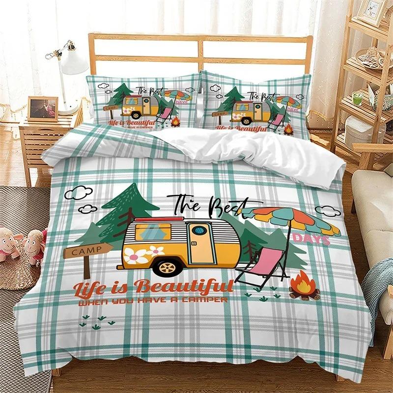 Happy Camping Duvet Cover Microfiber Camping Travel Car Tree Bedding Set Camper Comforter Cover Twin Queen For Boys Girls Teens