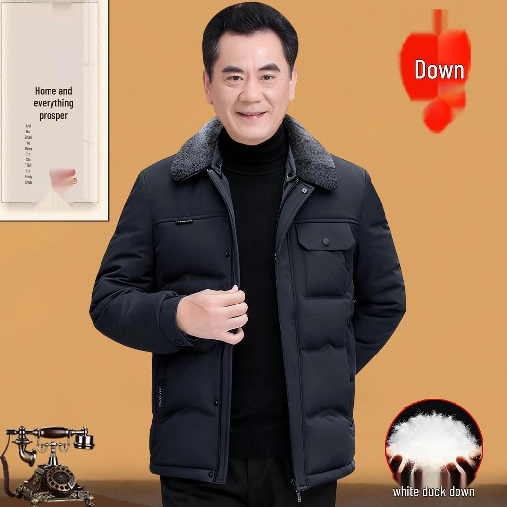 Men's Thickened Lapel Collar Down Jacket with Fleece Lining - Winter Short Style for Middle-Aged and Elderly