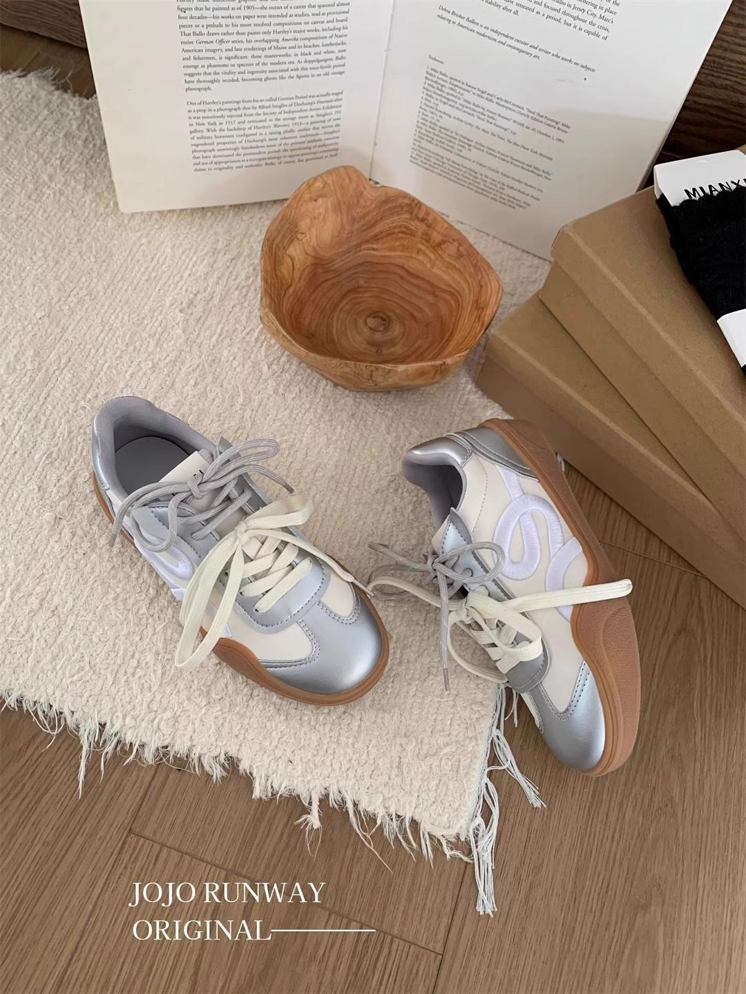 

Корейские ретро-кеды на платформе из серебра, немецкие кроссовки, женская весна 2025, новые нишевые вышитые повседневные туфли Forrest Gump, кроссовки 40 белый