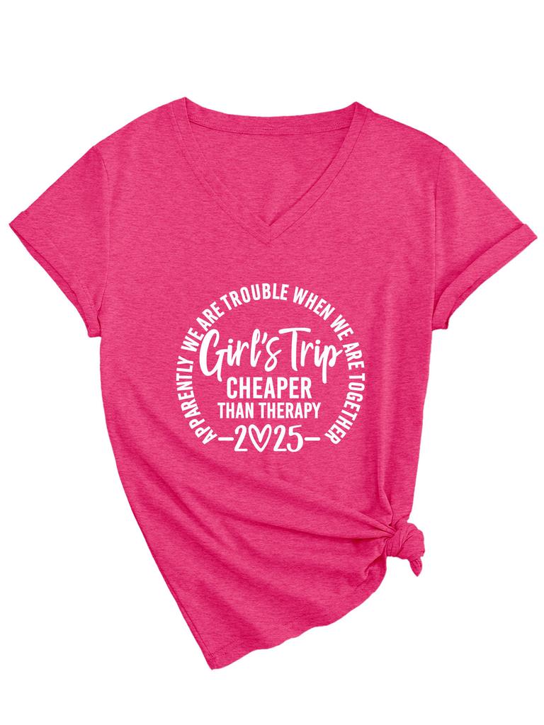 Inspirational Text Printed Top Loose Casual Simple V-neck Short Sleeved Women's T-shirts