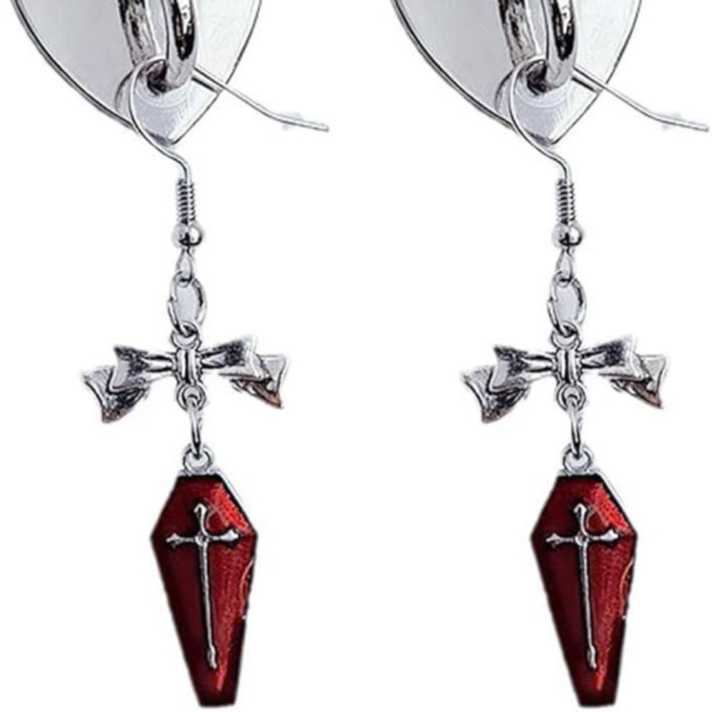 Punk Gothic Sliver Color Bowknot Cross Geometric Red Drip Glaze Coffin Pendant Dangle Earrings for Women Halloween Jewelry Gifts