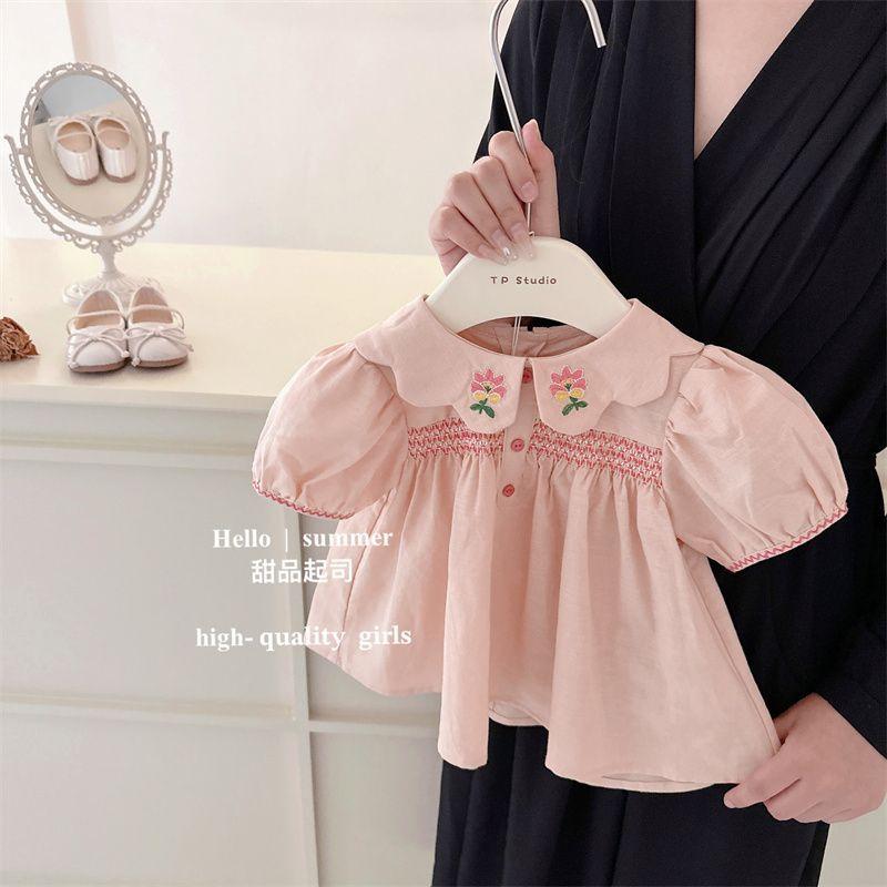 Sweet Pink Baby Girl Summer Set Embroidered Peter Pan Collar Top And Shorts Two Piece Outfit For Toddlers