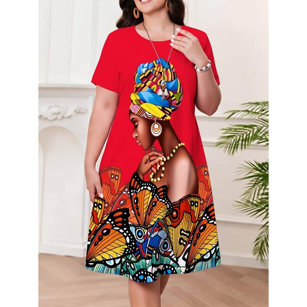 Retro Women's Summer Short Sleeve Round Neck Dress, 3D African Girl Print Casual Dress