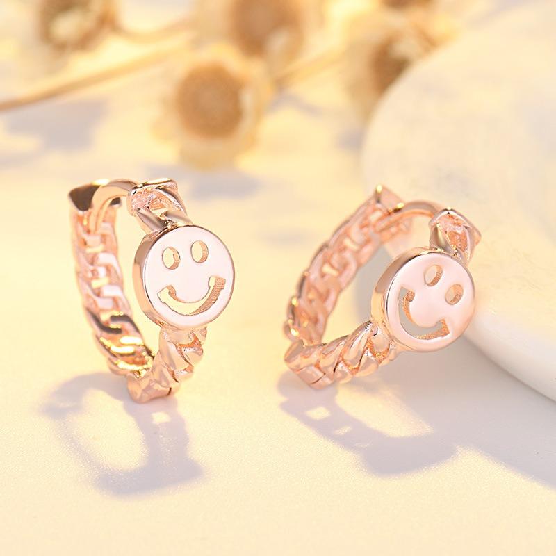 Nuevos Pendientes Chapados Cadena Redonda Carita Sonriente Pequeña Pendientes Individuales Oro Rosa Hebilla para la Oreja