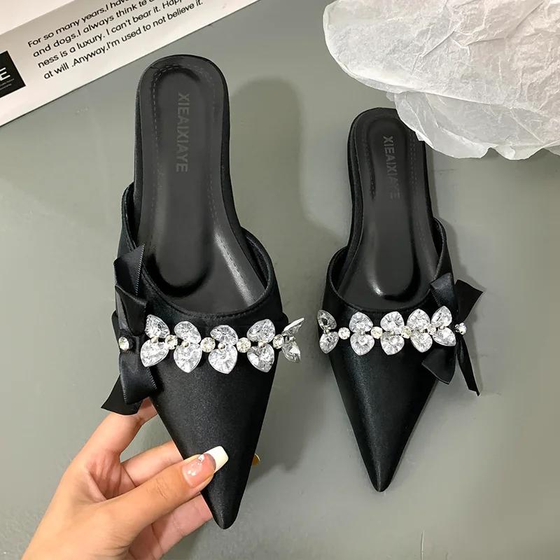 Crystal Women Slippers Pointed Toe Flats Shoes Dress Cozy Woman Sandals 2025 Designer Trend Brand Fashion Bow Chaussures Femme
