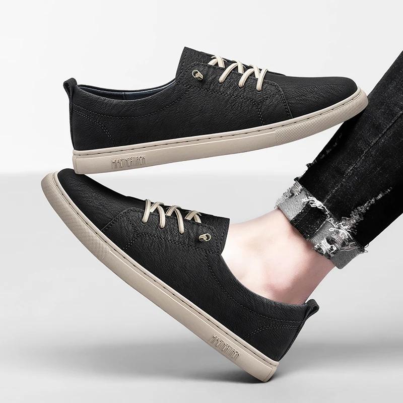 Fashion Mens Sneakers Genuine Leather Fashion Walking Casual Shoes Office Comfortable Men Lace-Up Skate Flats Non Slip Youth Penny Shoe