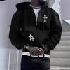 Unisex Streetwear Hooded Zip-Up Sweatshirt With Cross Print Loose Fit Long Sleeve Black