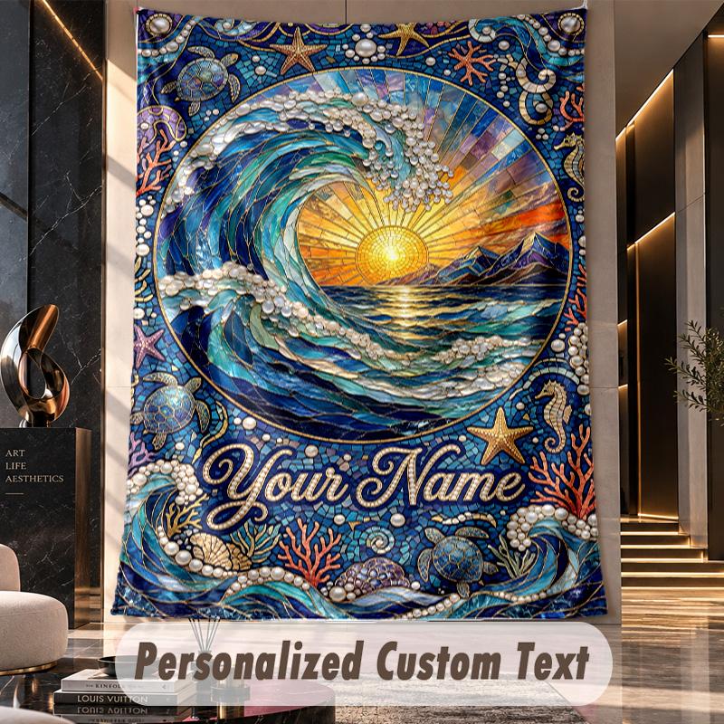 Ocean Waves Sun Theme Wall Tapestry Customized With Name Text Personalized Hanging Tapestry For Bedroom Living Room Decor