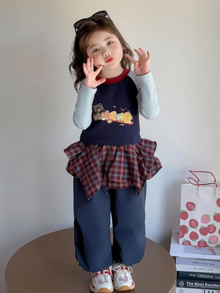 Girls' Korean Cartoon Plaid Bib Overalls Set - Autumn 2025 Edition