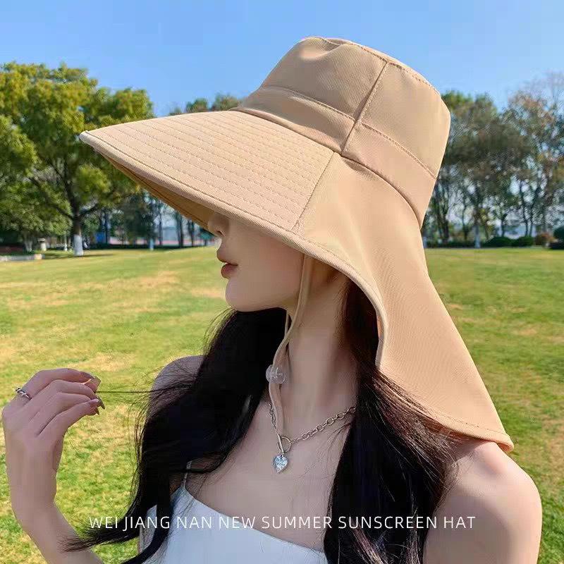 Women's Sun Hat with Large Brim, Neck Protection, UV Face Covering, and Ponytail Opening
