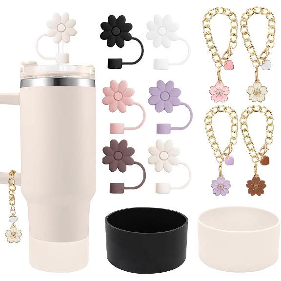 Accessories for Stanley Cup Set,2Pcs Flower Straw Cover Caps 10mm Reble Brown Straw Toppers,1Pcs Cute Handle Charm and 1Pcs Silicone Boot Sleeve for