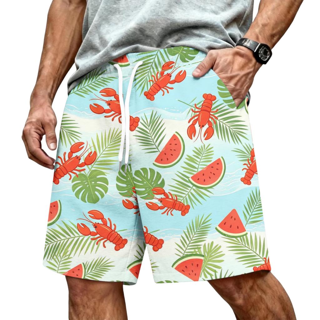 Men's Hawaiian Print Mesh Shorts with Drawstring Elastic Waist for Summer Beach and Casual Wear