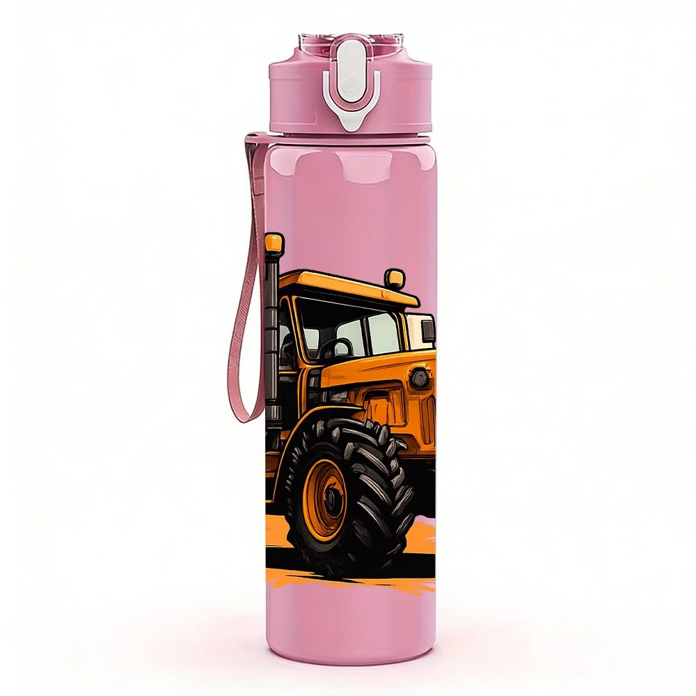 1PC Yellow Heavy Bulldozer Construction Pattern 750ml Color Plastic Sports Water Bottle Leakproof Flip Straw Lid Suitable for Sports Office Home Use