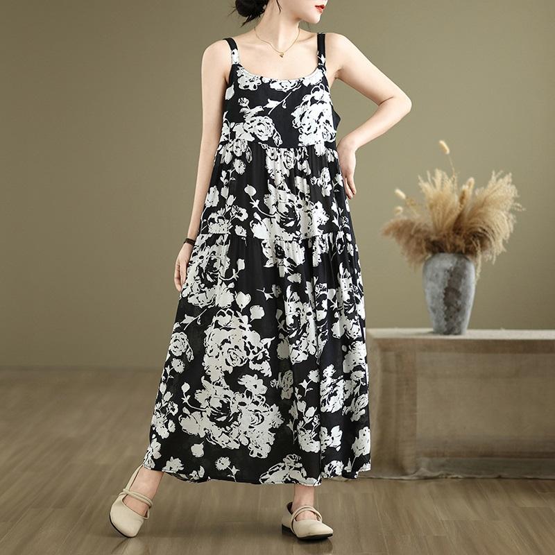 Bez rukávů na ramínka Nadměrná velikost bavlna vintage květinový novinka šaty pro ženy ležérní volné dlouhé letní šaty