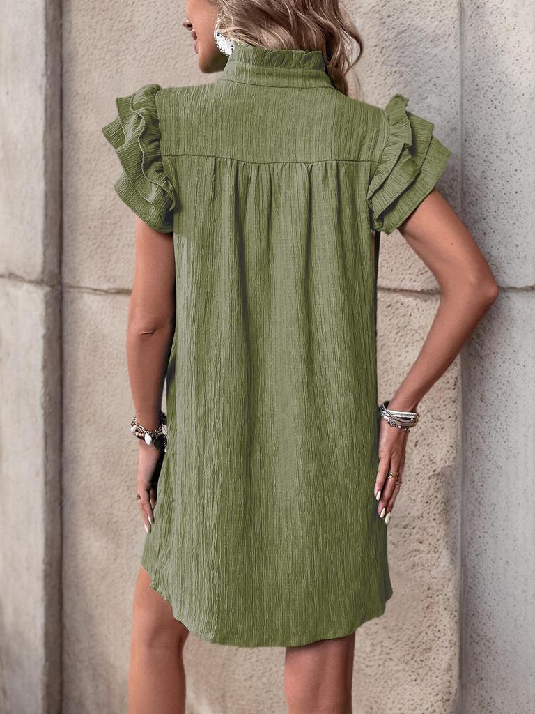 Summer Style Loose Straight Dress - Casual Vacation Stand Collar Solid Color European and American Fashion