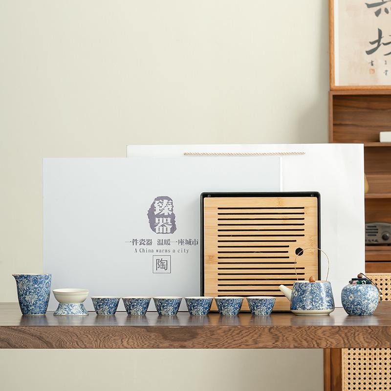 New Chinese Ru Kiln Flower Ceramic Light Luxury High-end Tea Drinking Set Huike Kung Fu Tea Set Enterprise