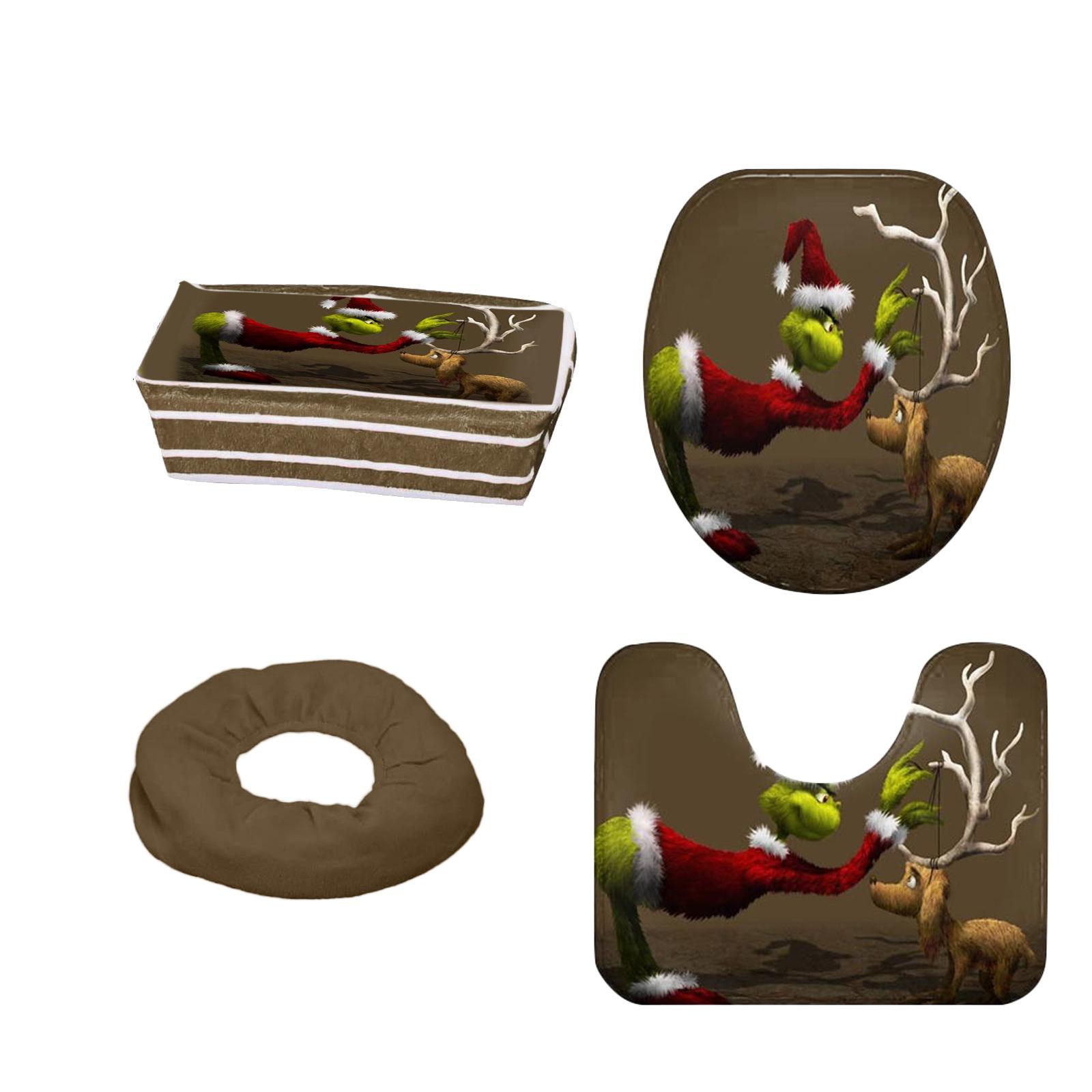 

4Pcs Christmas Bathroom Pedestal Rug Lid Toilet Cover Bath Mat Shower Bathroom Non-Slip Pedestal Rug One Size