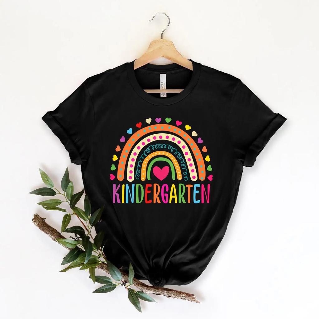 Cute Rainbow Hello Kindergarten T Shirt Back To School For Teacher First Day Of Appreciation Vintage Casual Stretched