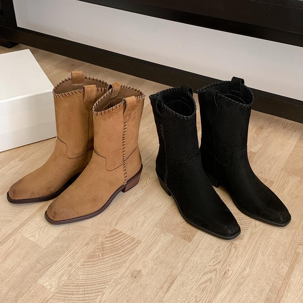 Leather Western Cowboy Boots Knight Boots Women's Maillard Skinny Thick Heel Pointed Short Boots Vintage Medium Martin Boots