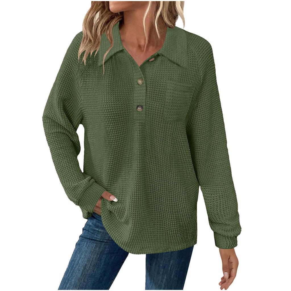 Women's Fashion Long-Sleeve Solid-Color Collared T-Shirt With Button-Up Front And Pocketed Casual Sweatshirt Top