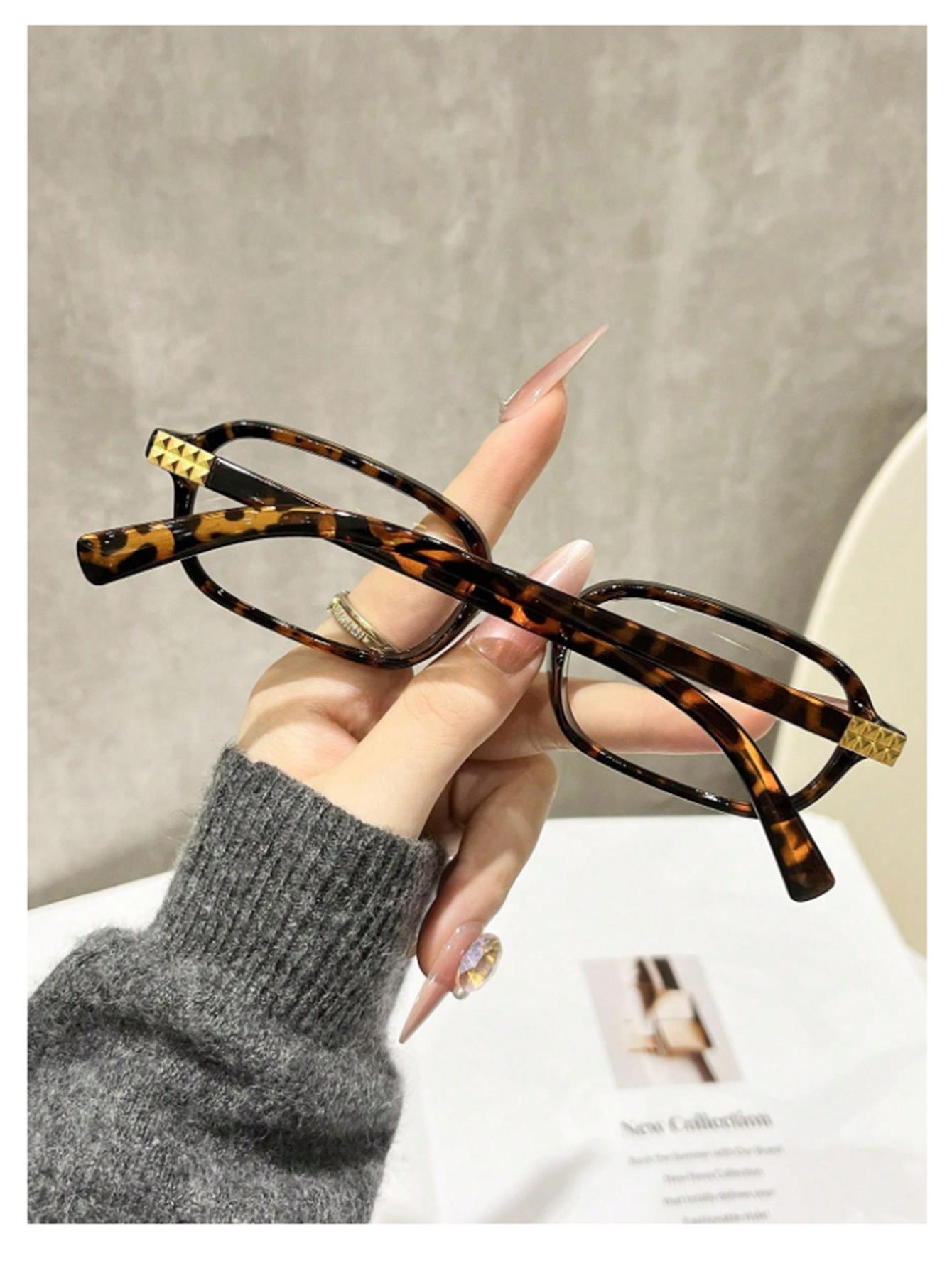 

1Pc High-End Leopard Print Square Frame Women s Non-Prescription Glasses with a Light Luxury Gold Label Design