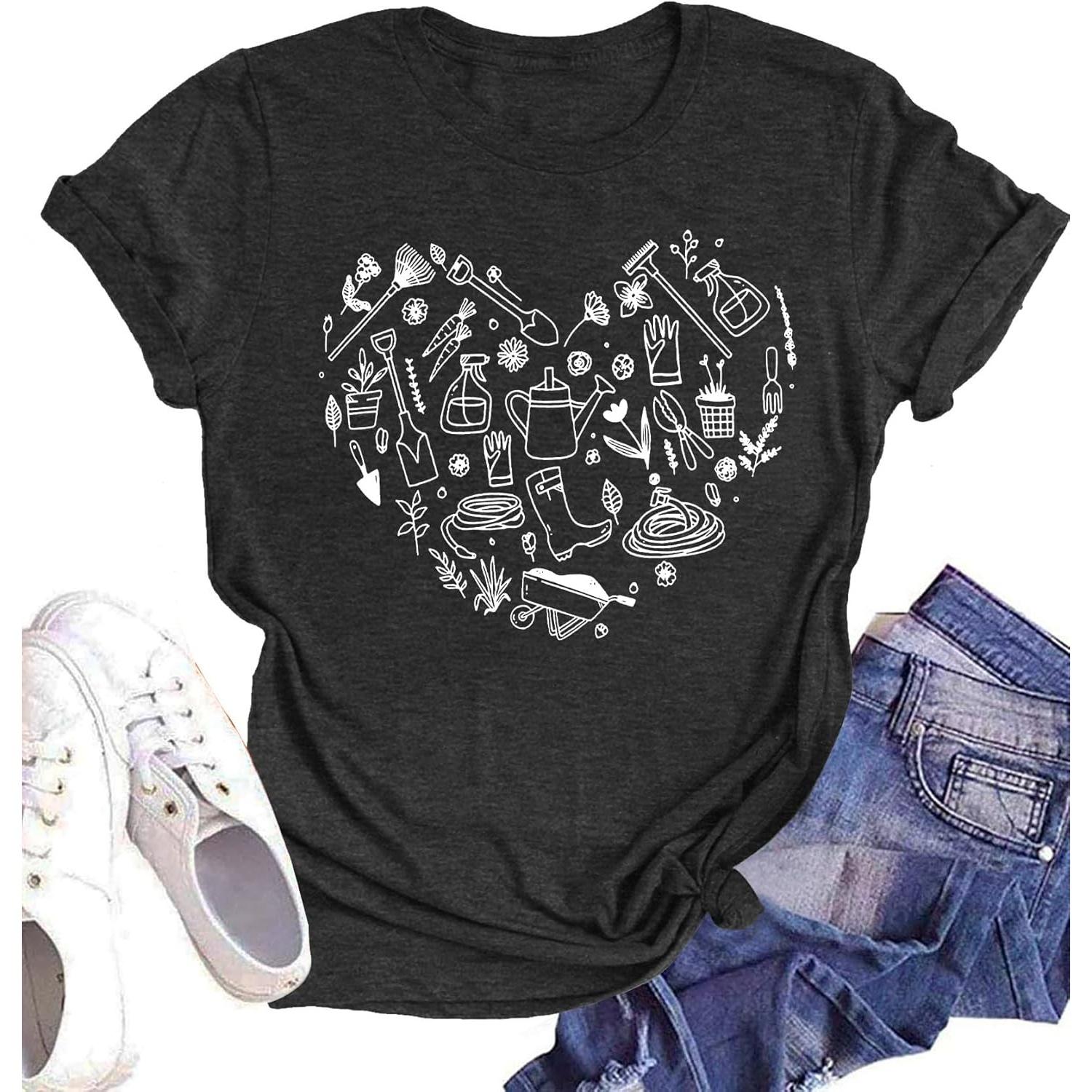 Garden Shirts for Women Plant Love Heart Graphic Shirt Farmer Short Sleeve Gardener Gift Plant Tee Tops S