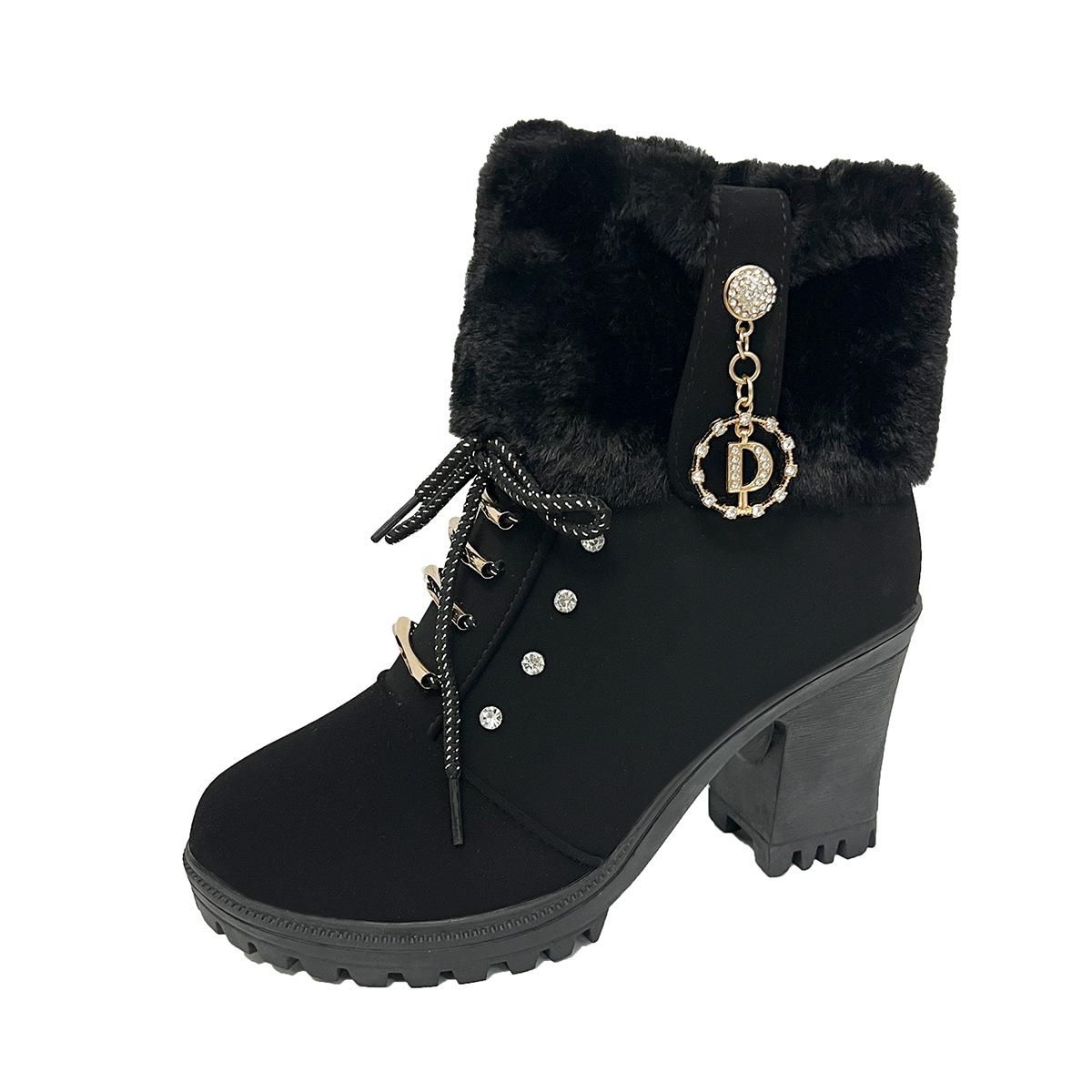 

Модные женские ботинки Зимние удобные дизайнерские туфли на высоком каблуке для женщин 2025 Новые короткие ботильоны на платформе Элегантные Zapatos De Mujer 35 чёрный