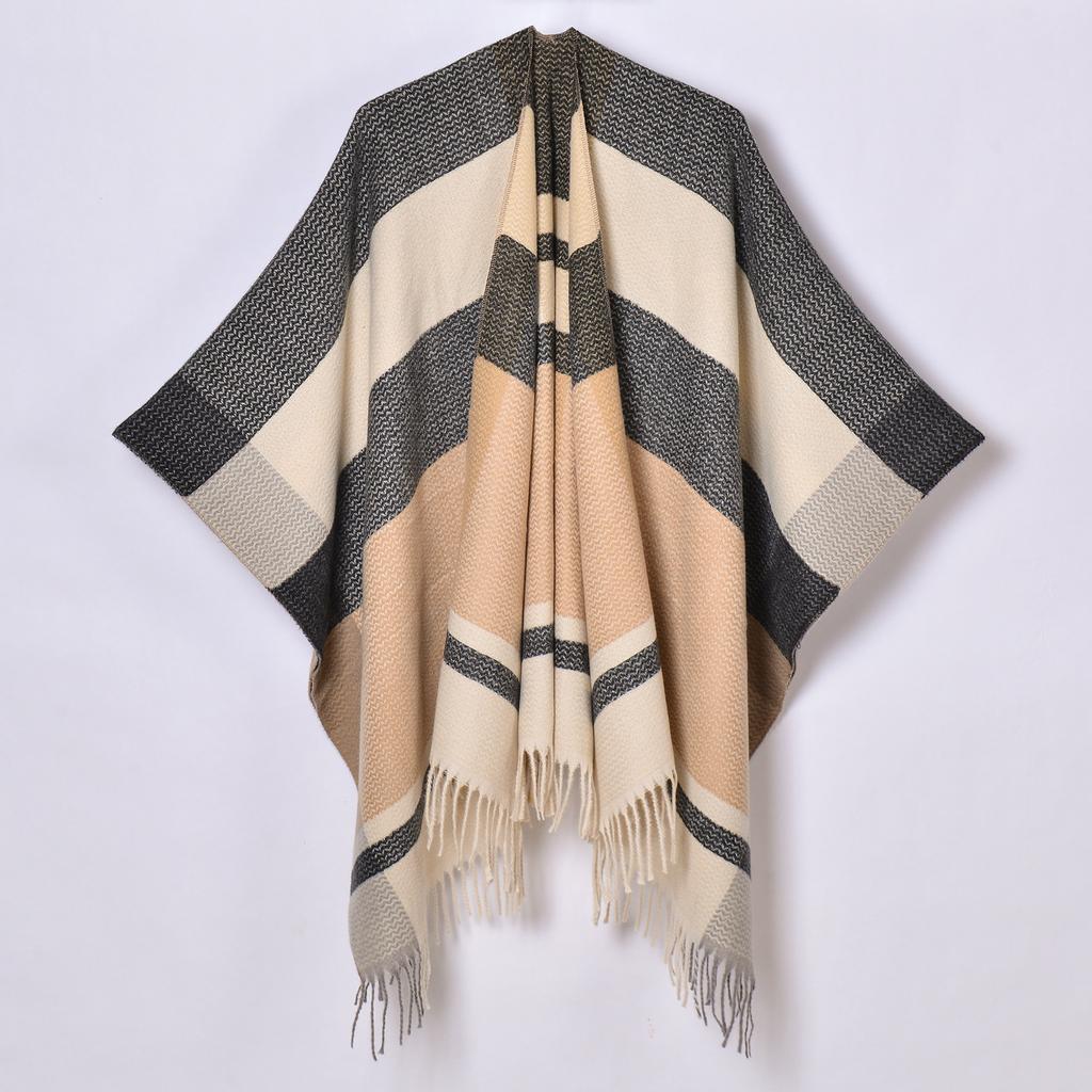 Foreign Trade, New Tassel Split Shawl Autumn and Winter Women's Simple Plaid Jacquard Scarf Cape