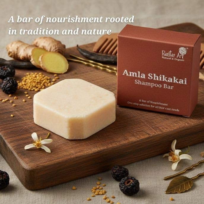 Natural Amla Shikakai Shampoo Bar, Hair Fall Control & Scalp Cleansing, Solid Shampoo | Rustic Art | 75g