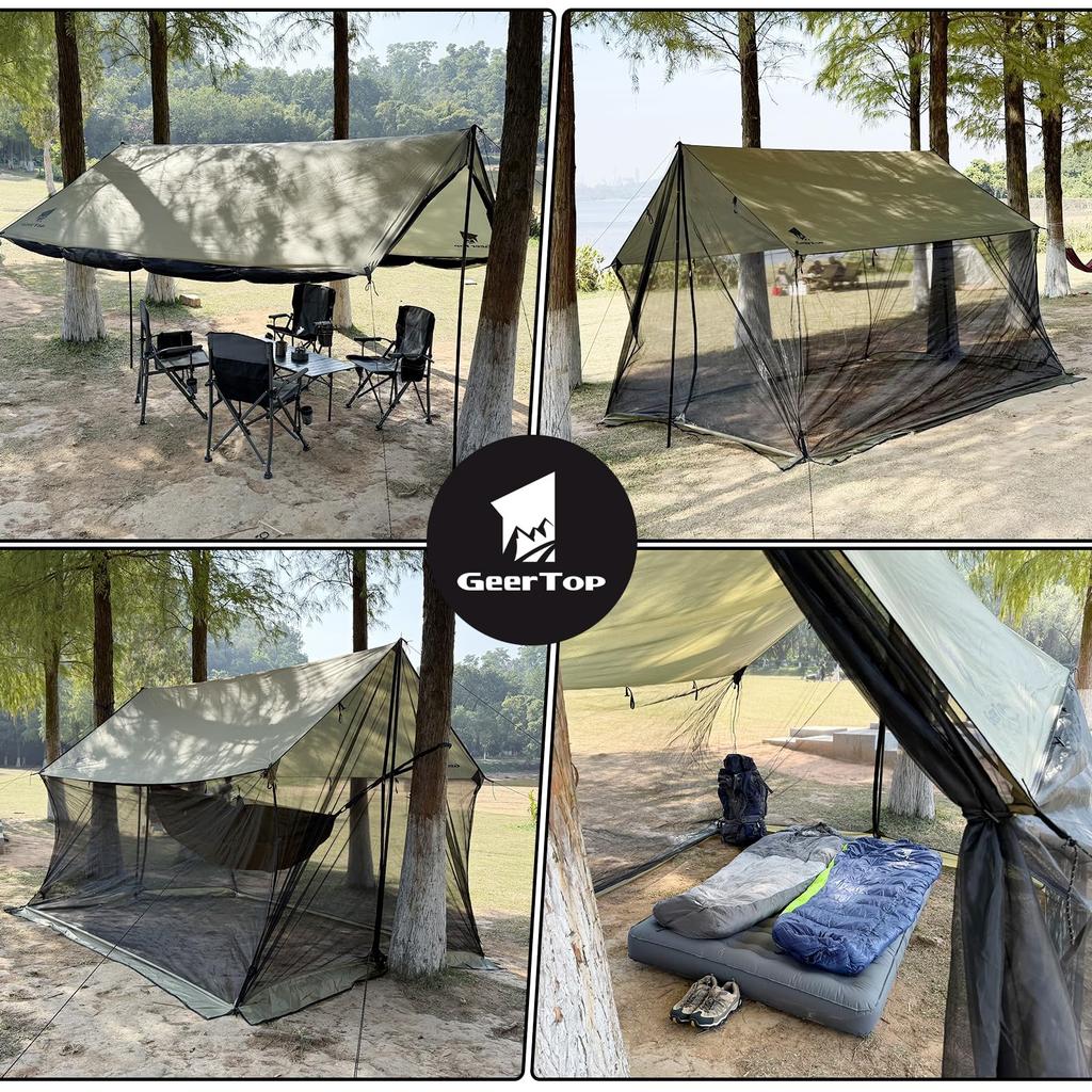 Geer Top Tarp mit Moskitonetz für Hängematte Sonnenschutz und Mückenschutz Perfekt für Outdoor-Zelt Familienbeobachtung und mit Stange inklusive Camping,